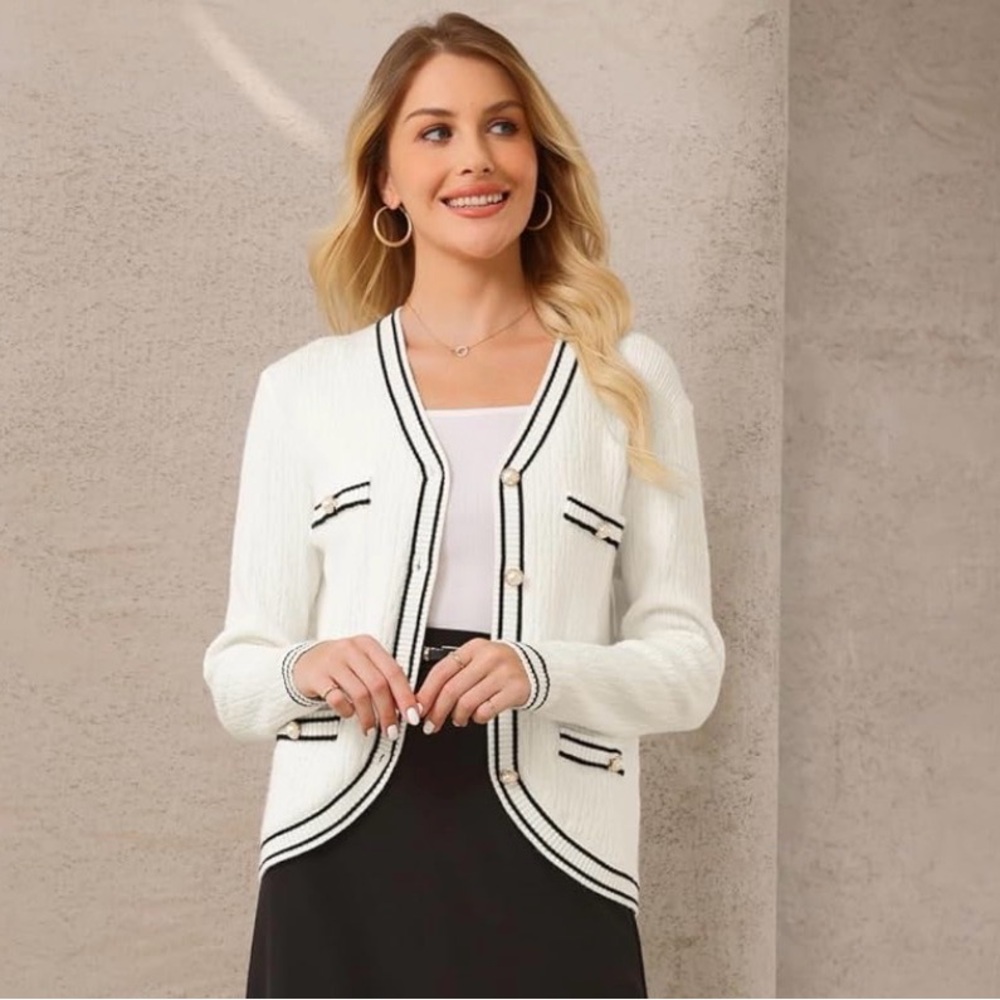 Women's Sweater Cardigan Contrast Trim Knit Ribbed Fall